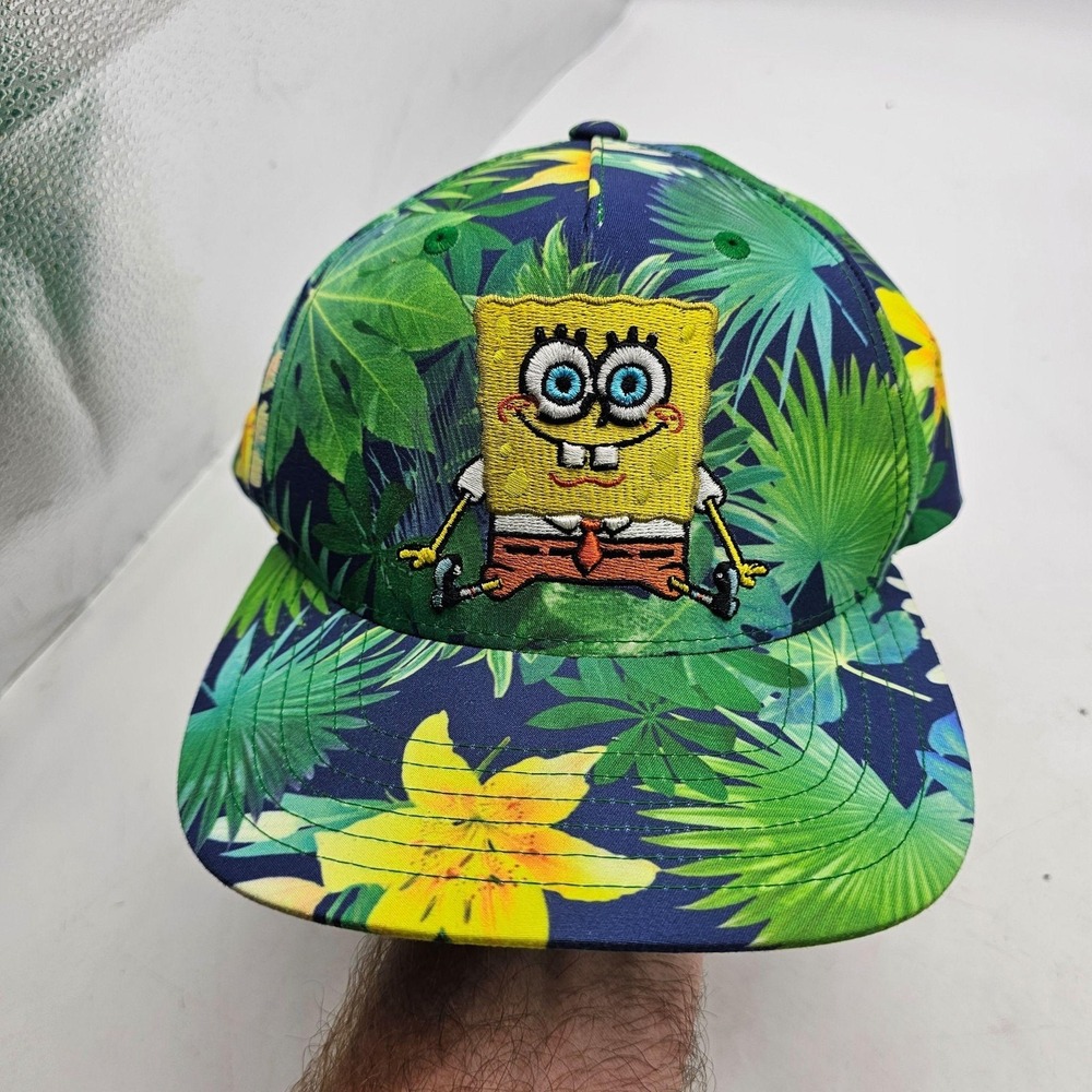 SpongeBob SquarePants Hat Cap Snap Back Mens One Size Tropical Floral Cartoon